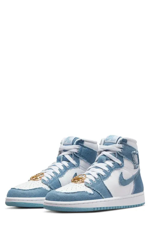 Air Jordan 1 Denim High Top Basketball Sneaker in White/Boarder Blue/Gold at Nordstrom, Size 6 | Nordstrom