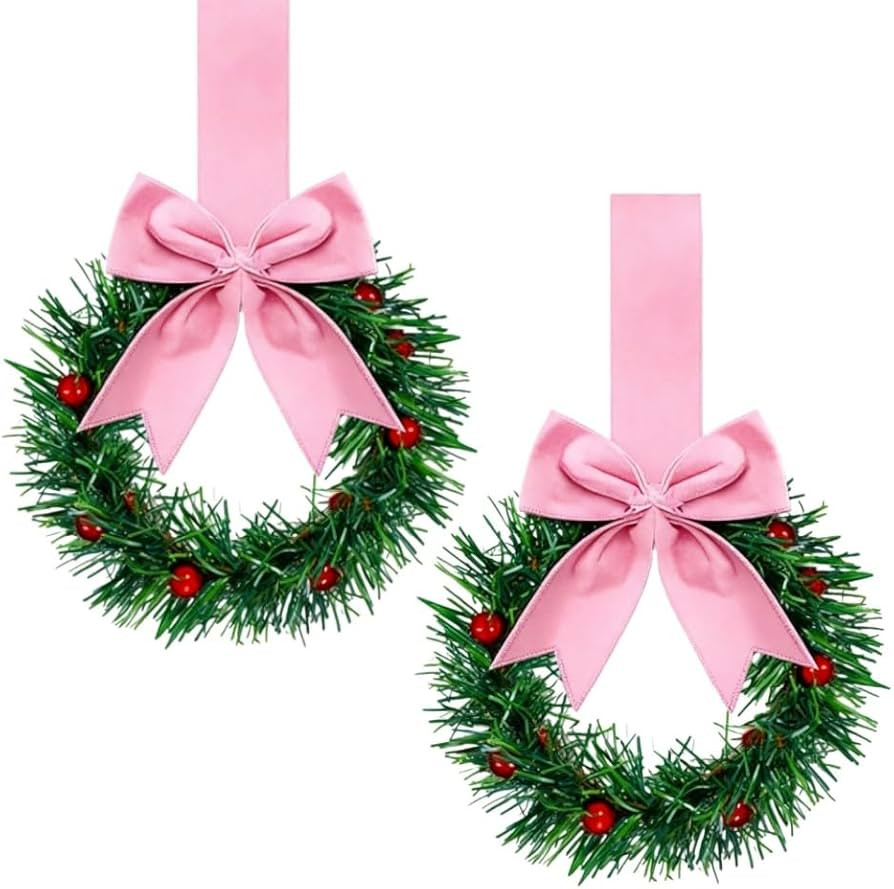 2 Pcs Christmas Kitchen Cabinet Wreaths with Pink Ribbon Bows 5.12Inch Mini Christmas Cedar Red B... | Amazon (US)