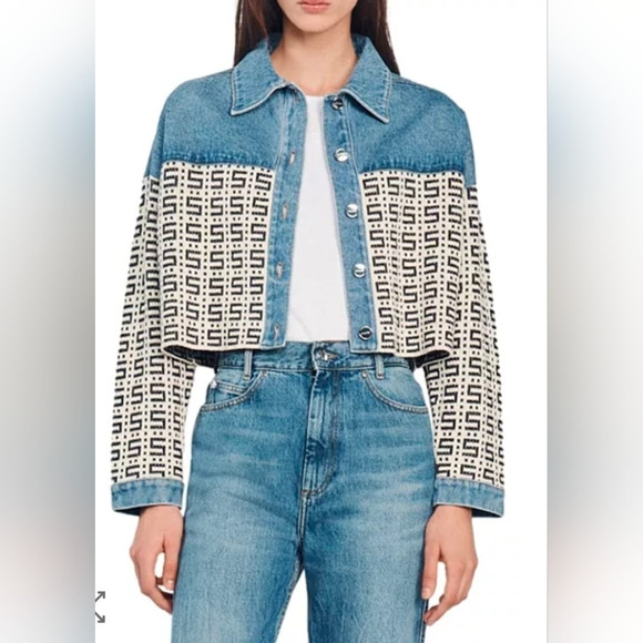 Sandro Cordoue Logo Jacquard Denim Cropped Jacket Size 0 | Poshmark