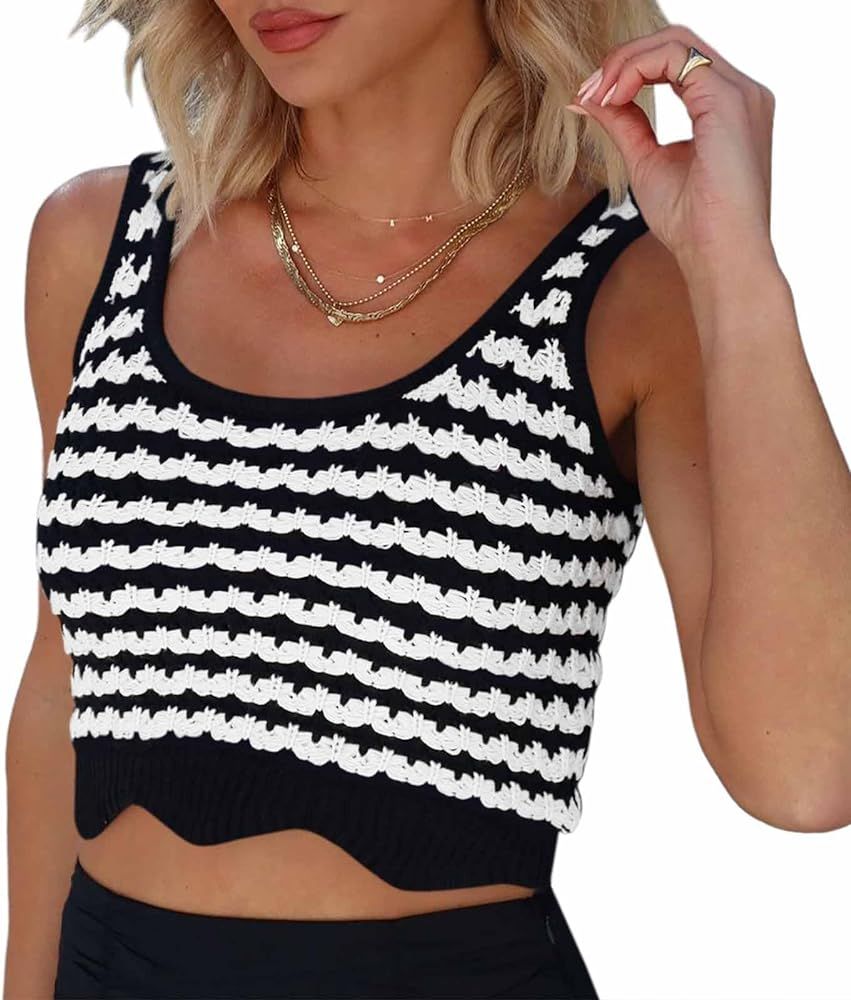 Saodimallsu Womens Striped Crop Tank Top Scoop Neck Going Out Summer Sexy Y2k Sleeveless Crochet ... | Amazon (US)