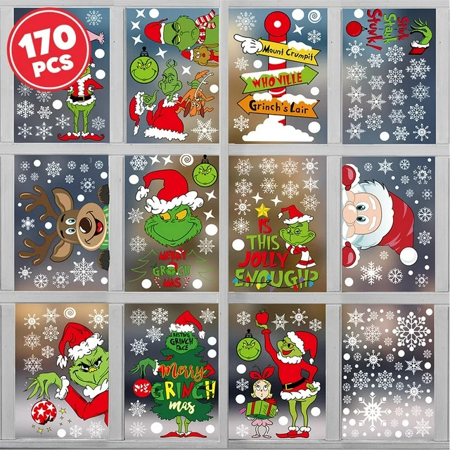 170PCS Grinch Christmas Window Clings + Satna Claus + Reindeer - 11 Sheets, Xmas Window Decals De... | Walmart (US)