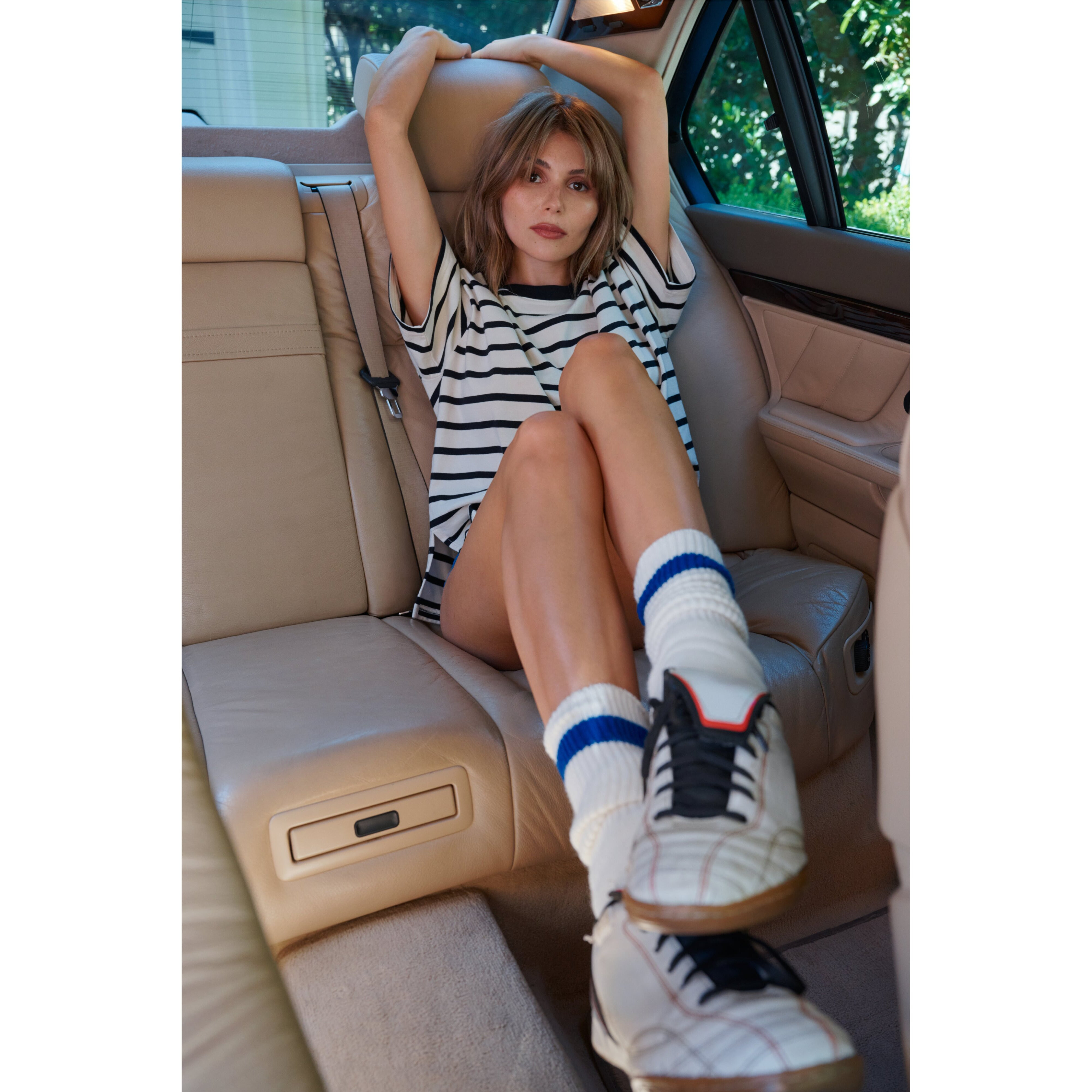 Women's Cotton OverSized T-Shirt in Black And Ecru Wide Stripe Size XL | Good American by Khlo� Kardashian | Good American