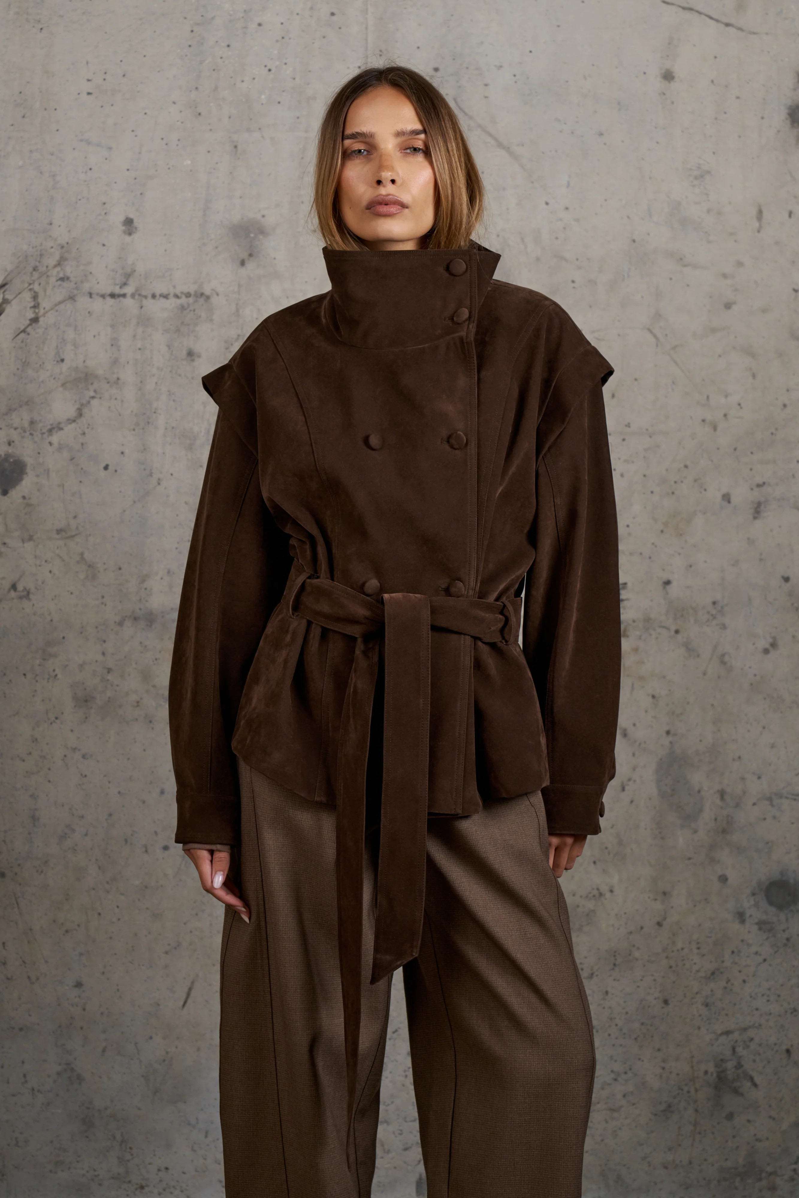 FAUX SUEDE FUNNEL NECK TIE WAIST JACKET - BROWN | The Couture Club