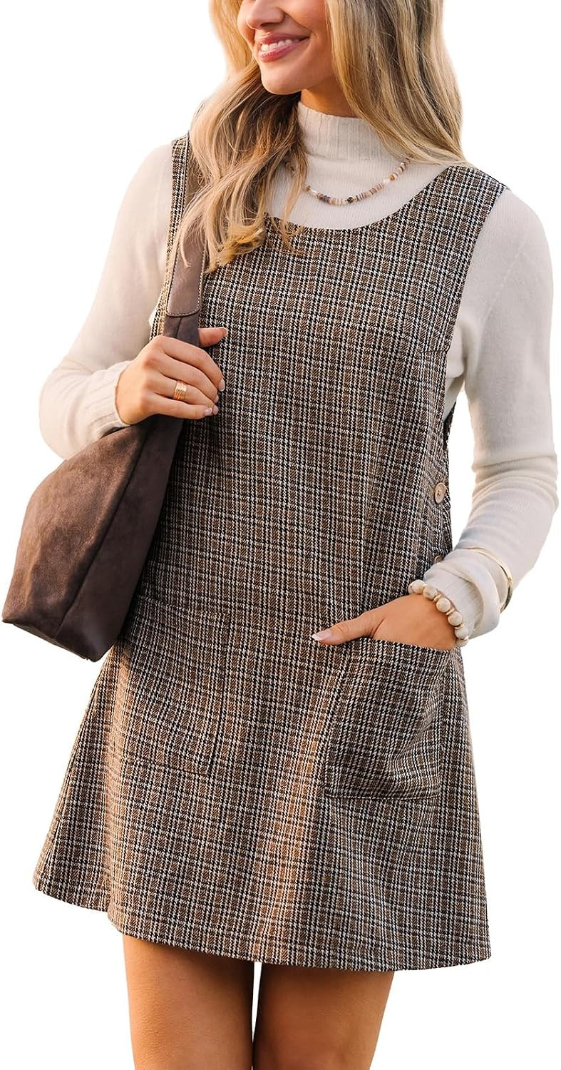 CUPSHE Women Houndstooth Side Button Pinafore Overall Mini Dress | Amazon (US)