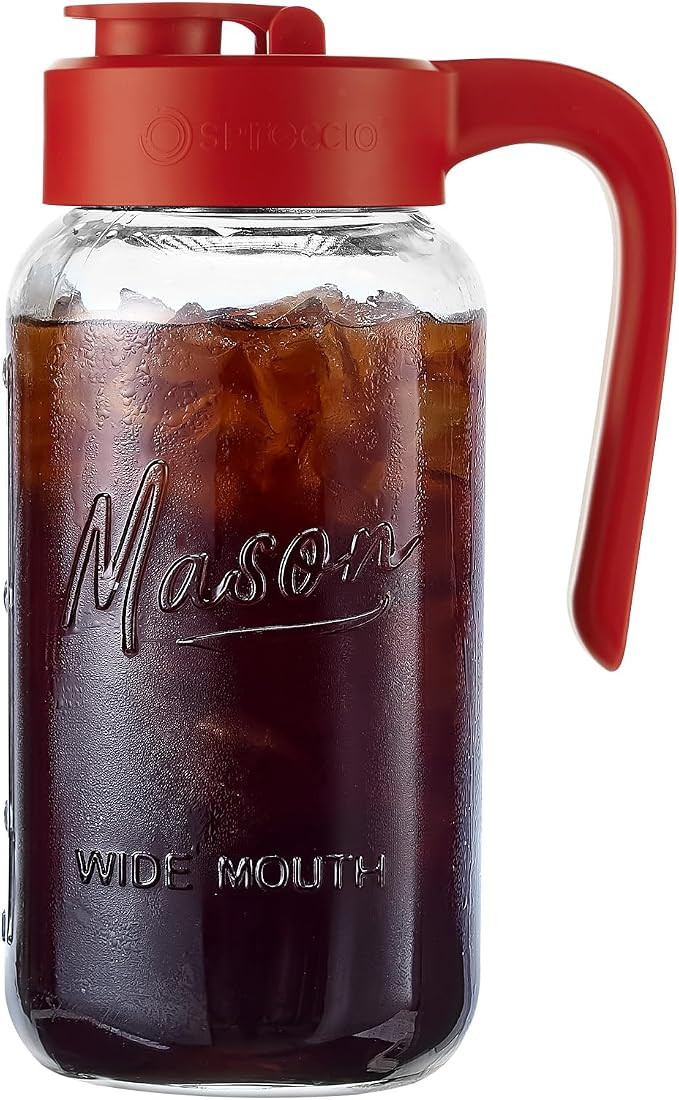 Mason Jar Pitcher, 64 oz (2 quart), Glass Pitcher with Lid | Airtight, Leak proof, Ergonomic Hand... | Amazon (US)