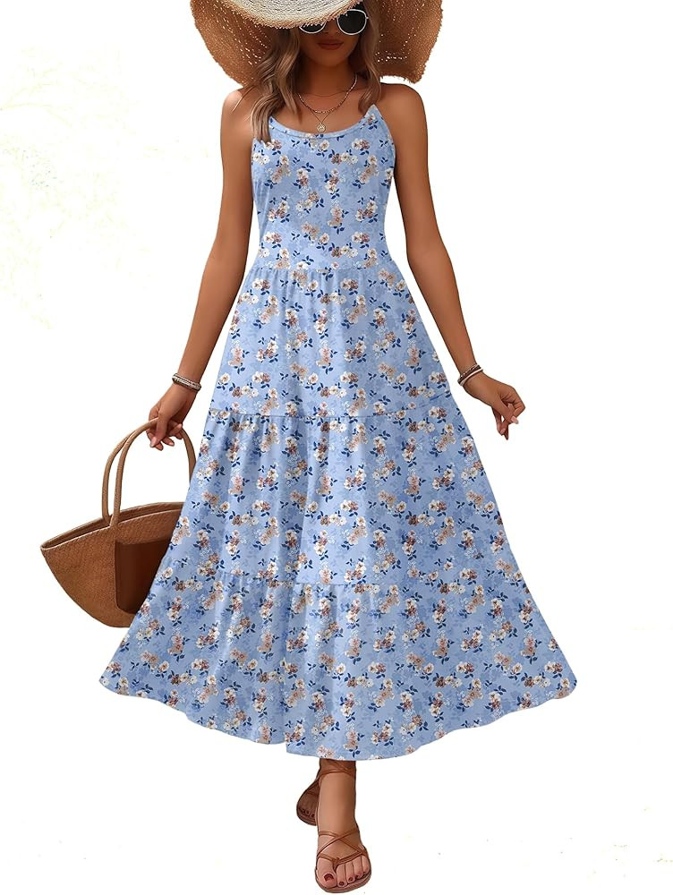 Zeagoo Womens Summer Long Dress Adjustable Spaghetti Strap Floral Casual Dress with Pockets Flowy... | Amazon (US)
