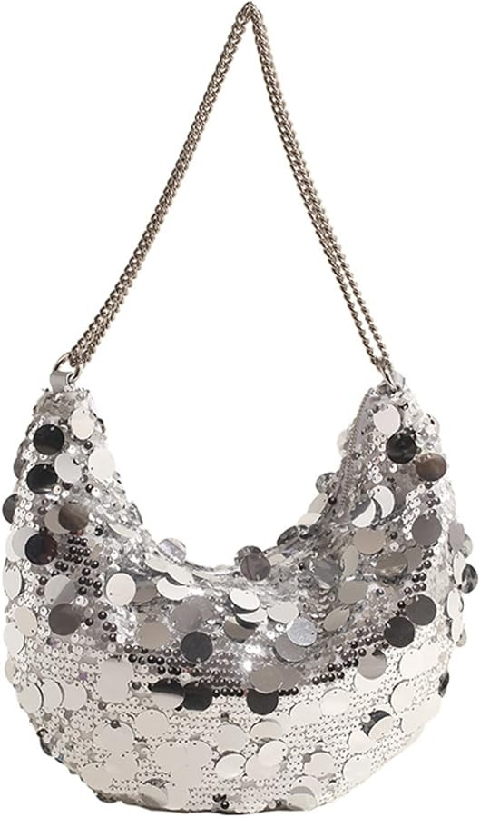 Sequin Purse Crescent Bag Y2k Purse Shoulder Bag Purses for Women Trendy Silver Purse | Amazon (US)
