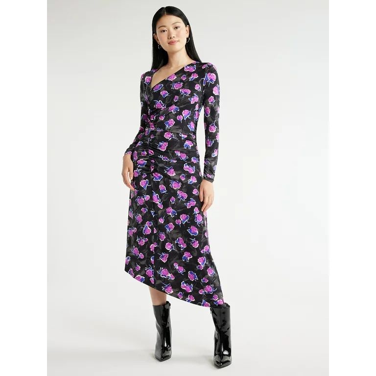 Scoop Women's Asymmetrical Midi Dress with Long Sleeves, Sizes XS-XXL | Walmart (US)