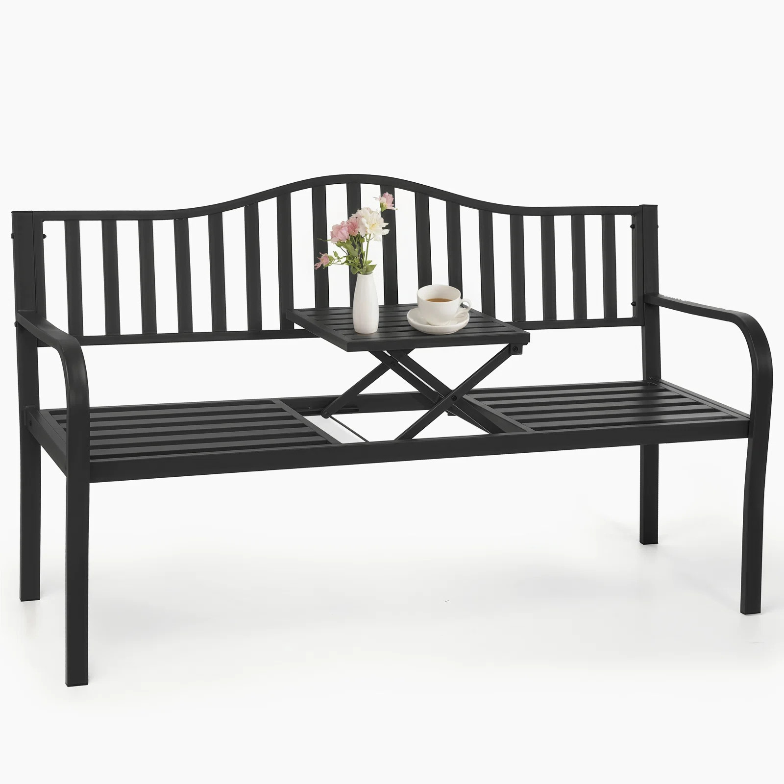 Outdoor Metal Garden Bench 59" Patio Bench With Built In Table Park Bench, Outside Bench Weather ... | Wayfair North America