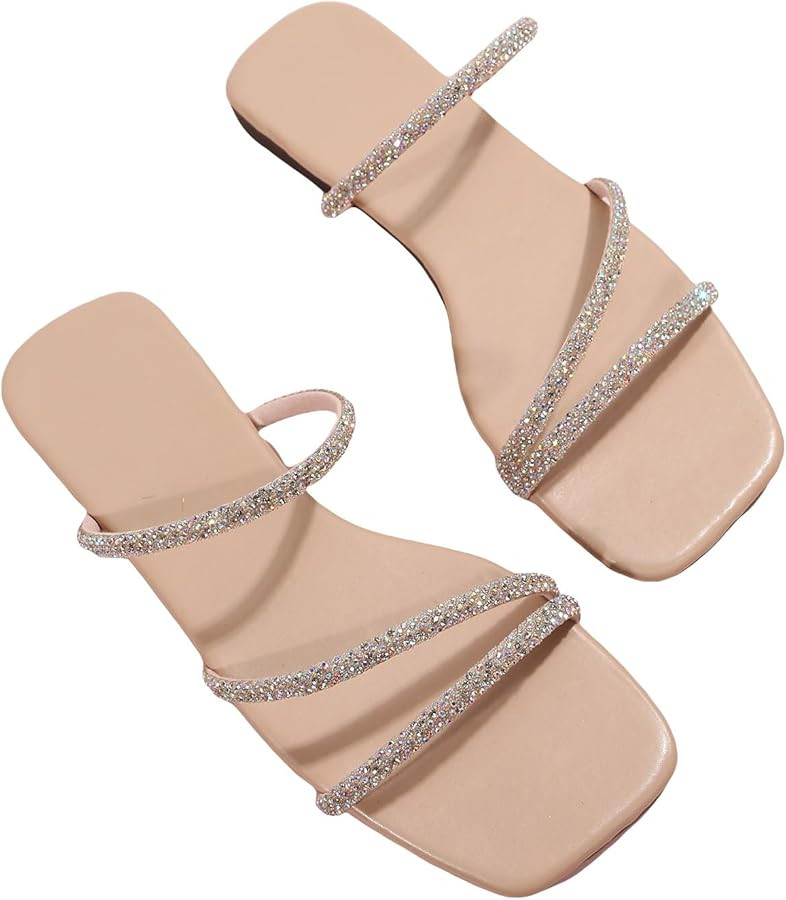 GORGLITTER Women's Rhinestone Flat Sandals Strappy Slip on Open Toe Slide Sandals | Amazon (US)