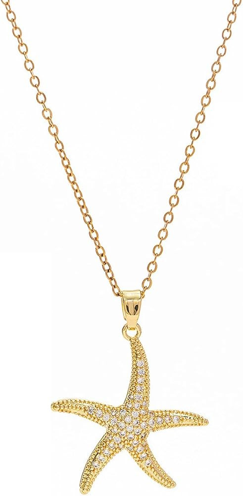 18K Gold Plated Starfish Necklace - Seashell Pendent Ocean Themed Necklace - Boho Summer Beach Je... | Amazon (US)