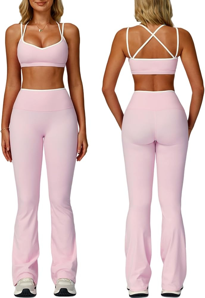 ABOCIW Workout Sets for Women 2 Piece Color Block Strappy Sports Bra High Waist Flare Leggings Gy... | Amazon (US)