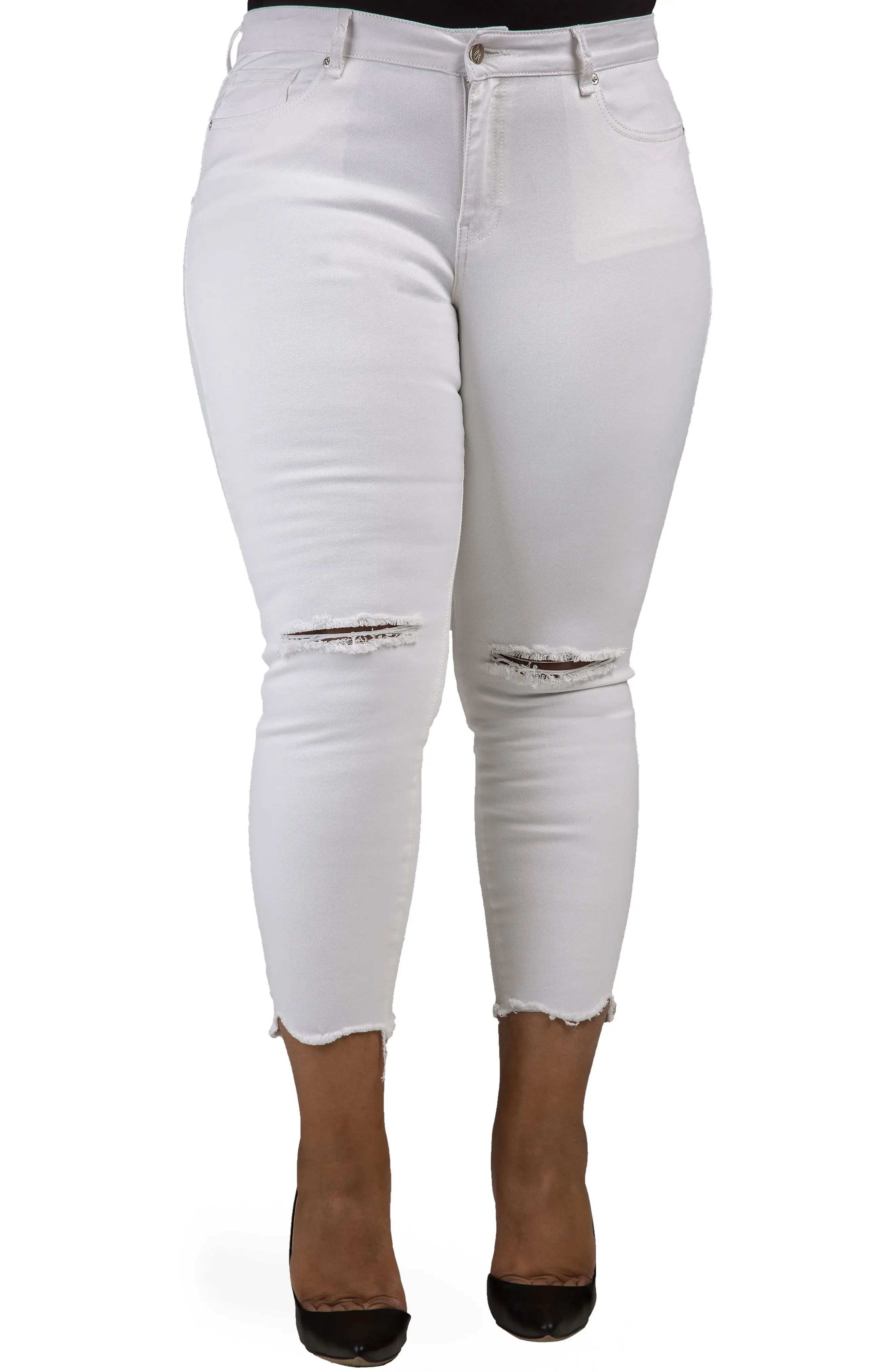 Plus Size Women's Poetic Justice Ripped Jagged Hem Ankle Jeans, Size 14W - White | Nordstrom