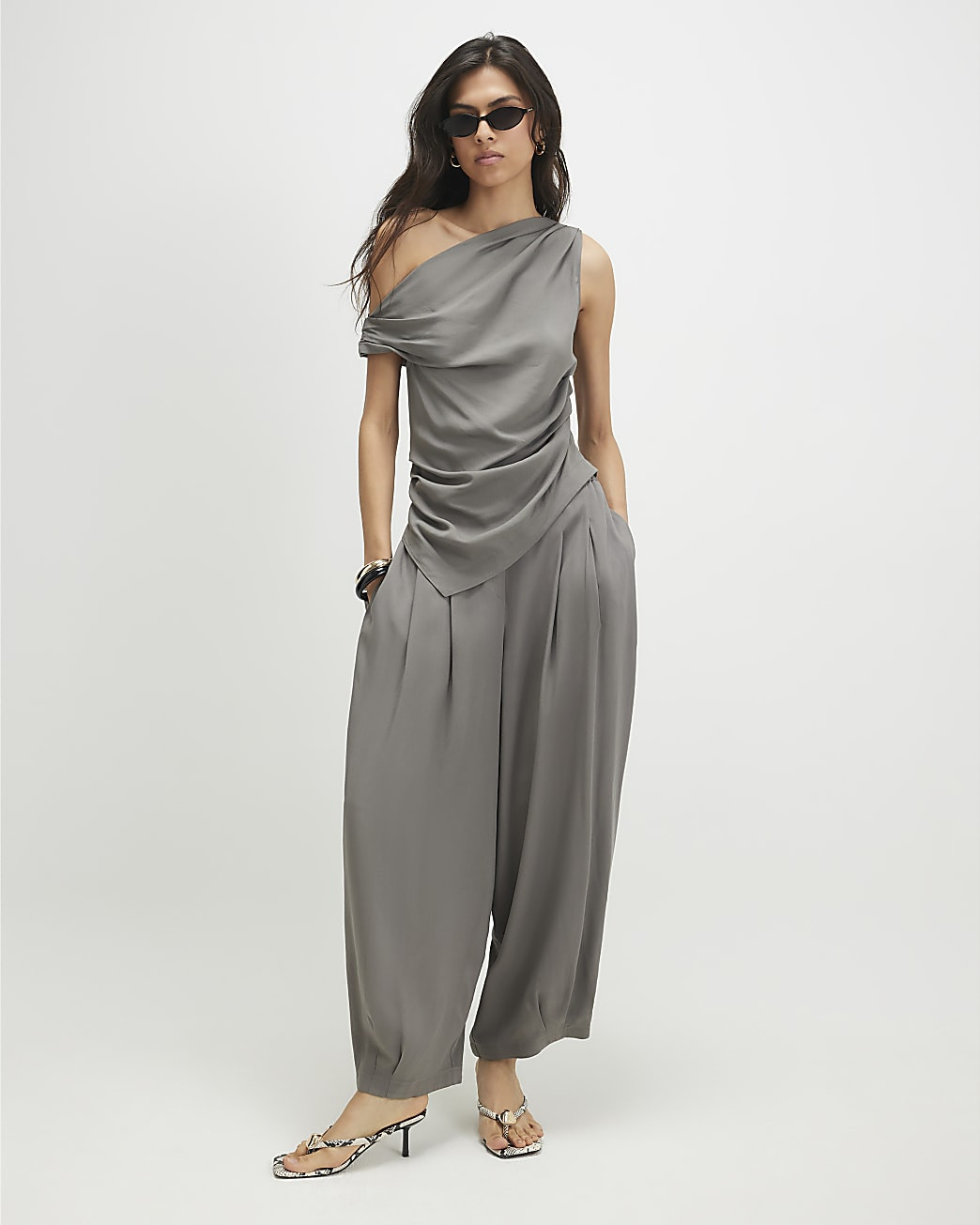 Khaki Asymmetric Drape Top | River Island UK & IE