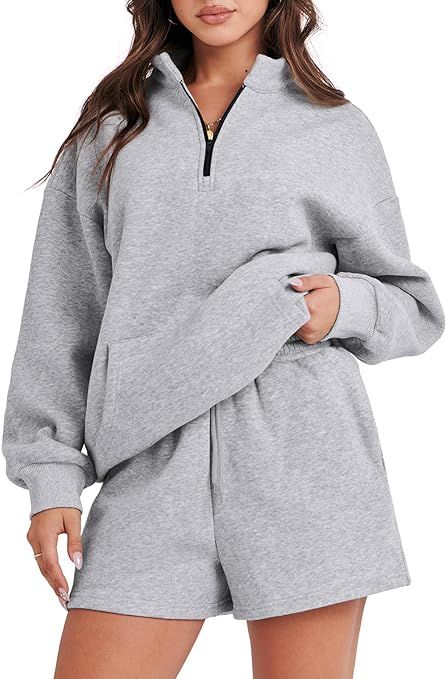 Caracilia Women’s 2 Piece Outfits Sweatsuit Oversized Half Zip Sweatshirt and Shorts Matching L... | Amazon (US)