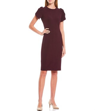 Crew Neck Short Tulip Sleeve Solid Sheath Stretch Dress | Dillard's