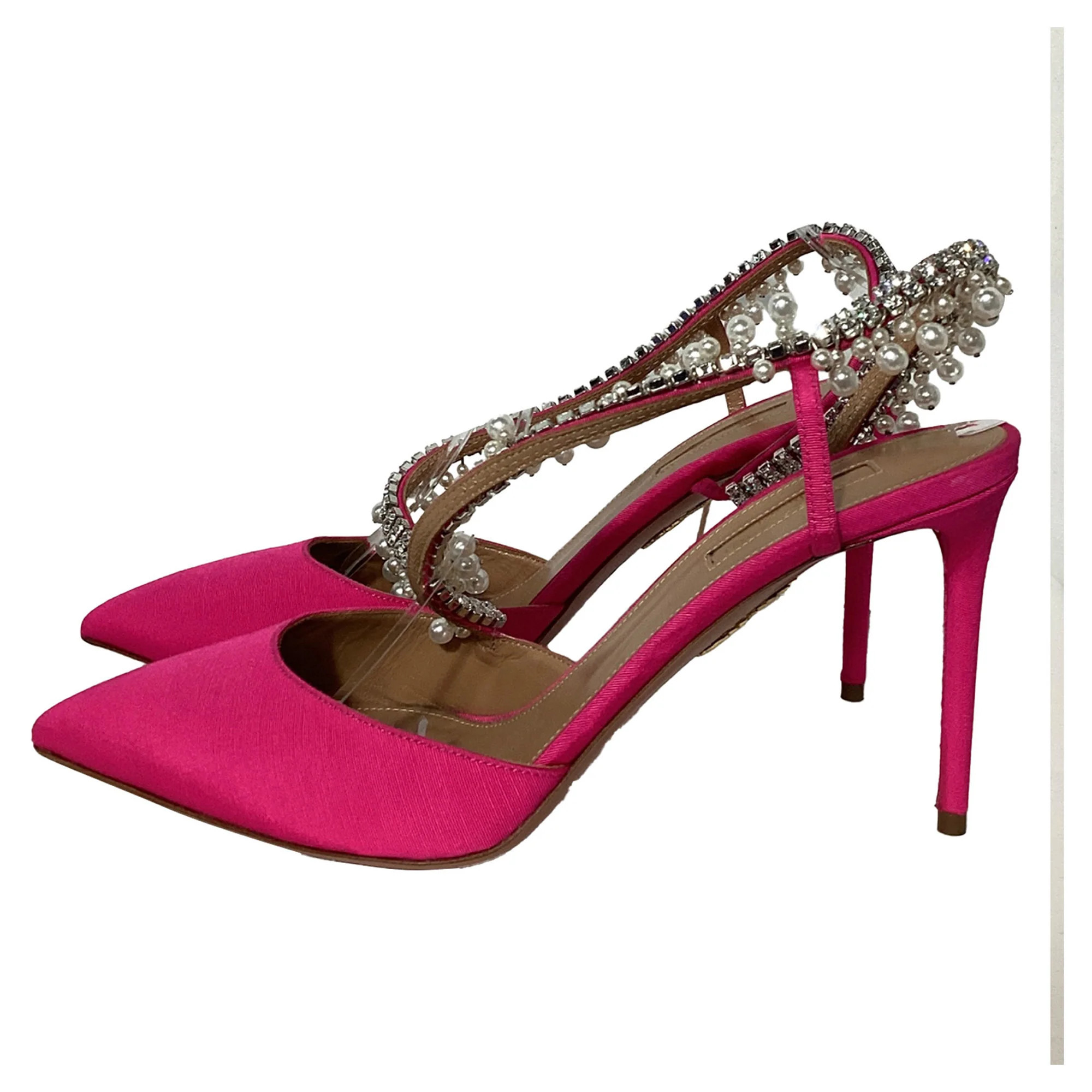 Aquazzura Exquisite 85 Crystal And Pearl-Embellished Slingback Pumps in Pink Satin | Shop Simon