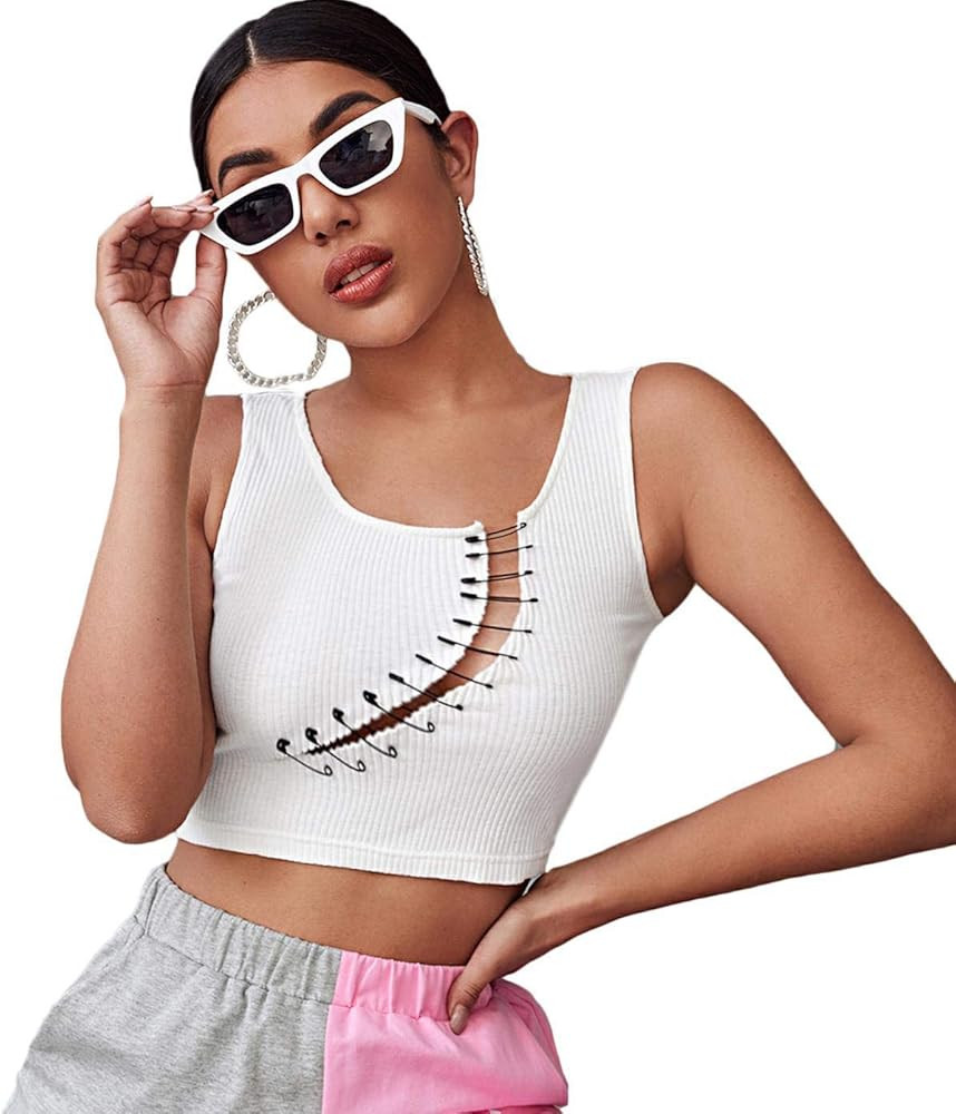 SweatyRocks Women's Lace Up Color Block Sleeveless Scoop Neck Crop Tank Tops | Amazon (US)