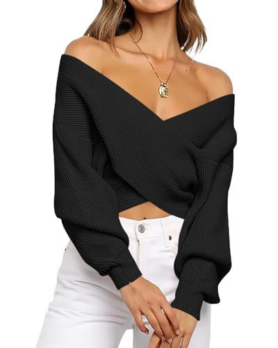 BTFBM Off The Shoulder Sweater for Women Winter Fall Fashion 2025 V Neck Long Sleeve Ribbed Knit Wrap Cropped Sweaters(Black, Small) | Amazon (US)