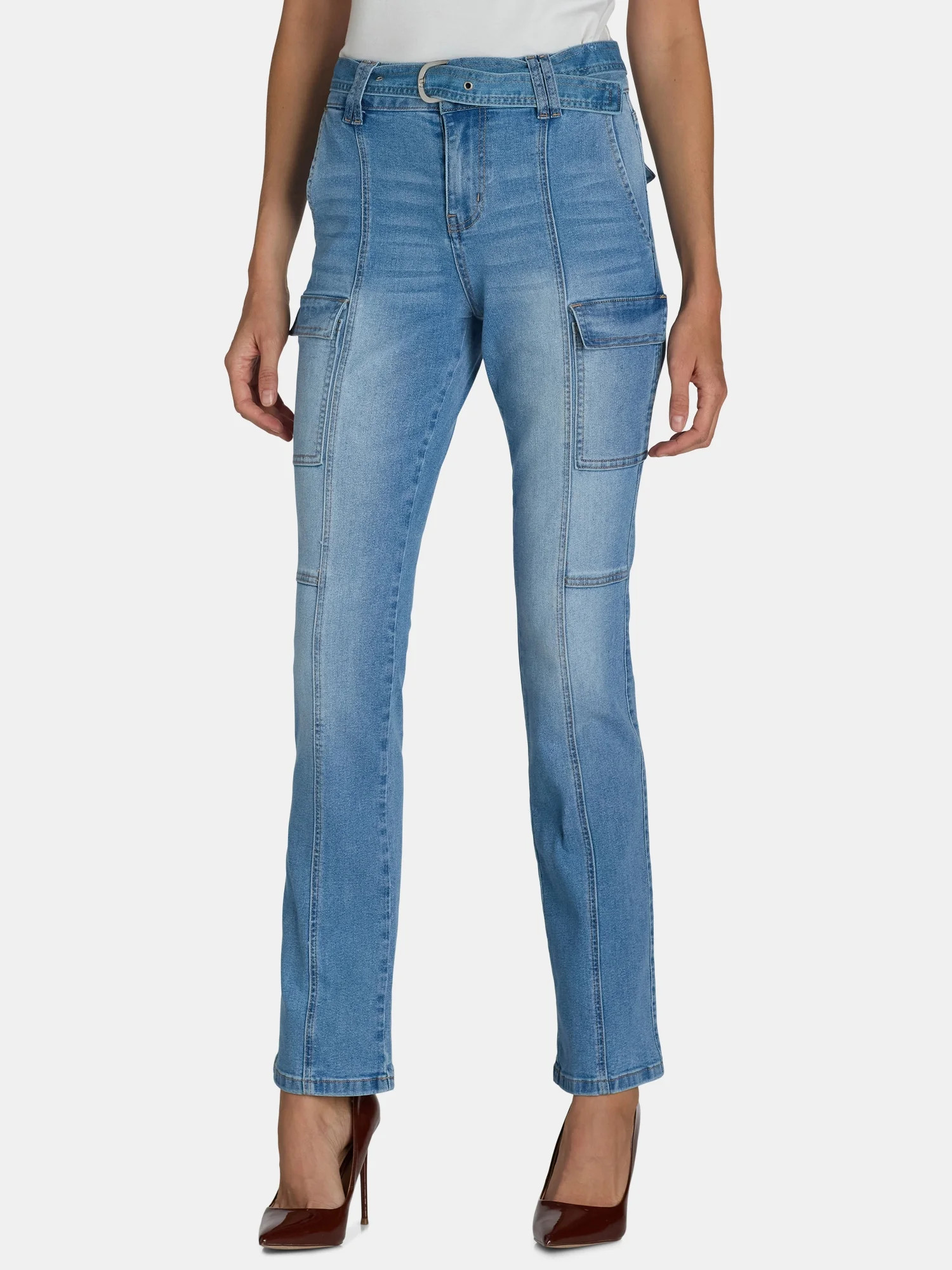 Madden NYC Women's and Women's Plus Belted Cargo Jeans, 32” Inseam, Sizes 00-4X | Walmart (US)