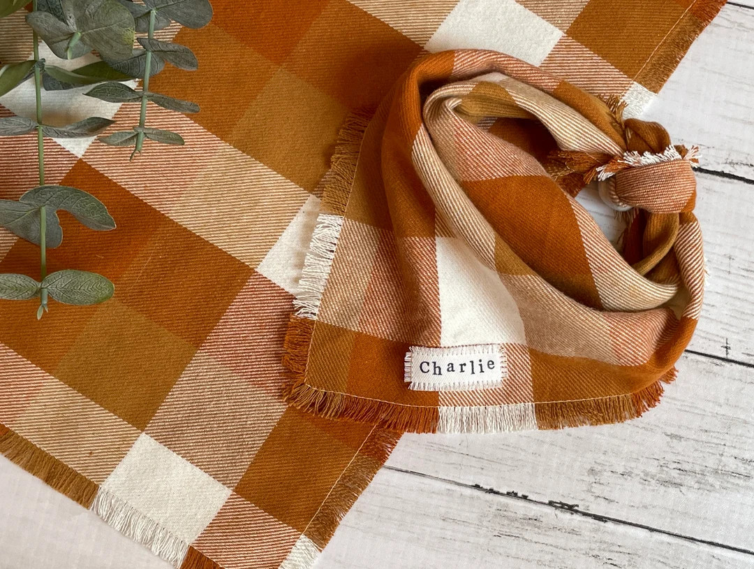 Pumpkin Spice Dog Bandana, Orange, Gold, Cream Plaid, Frayed, Fall, Flannel Dog Bandana, Cat, Kit... | Etsy (US)