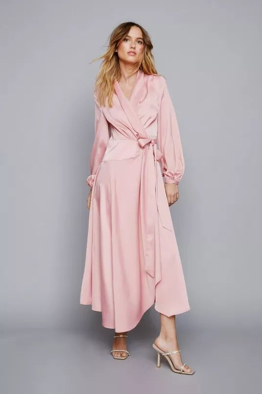 Satin Long Sleeve Midi Wrap Dress | Nasty Gal (US)