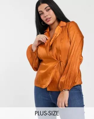Glamorous Curve tailored blouse with tie front in luxe satin | ASOS (Global)