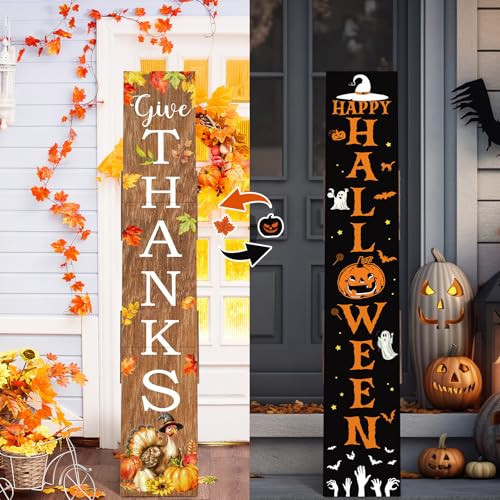 Two Sided Vintage Halloween Porch Sign Decor Outdoor 47" Fall Thanksgiving Porch Decor Happy Halloween Turkey Welcome Sign Harvest Fall Decorations for Front Door Home Wall Yard Party | Amazon (US)