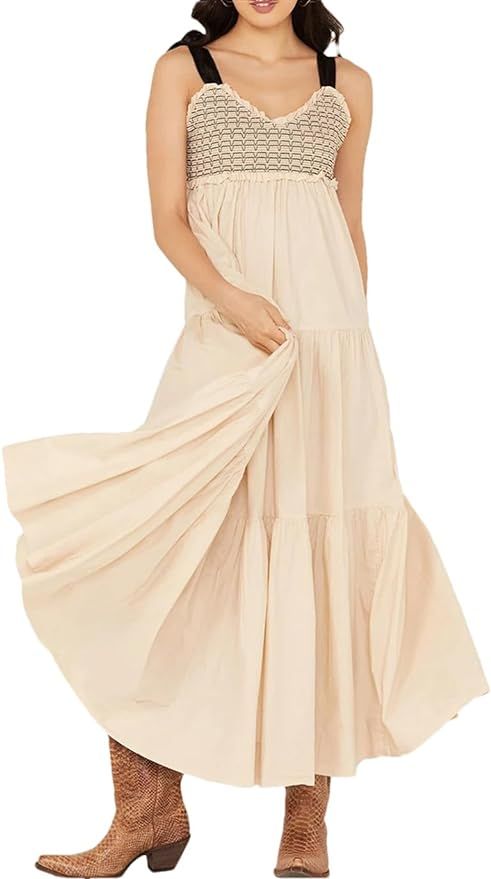 Women Summer Slip Dress Abstract Print V-Neck Sleeveless Tie-Up Slim Long Dress | Amazon (US)