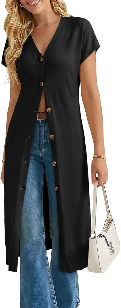 Saodimallsu Womens Long Cardigans Lightweight Short Sleeve Button V Neck Loose Knit Casual Summer Midi Sweater Dress | Amazon (US)