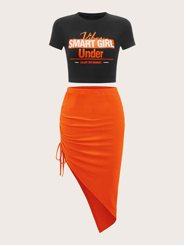 SHEIN EZwear Slogan Graphic Tee & Ruched Tie Side Asymmetrical Hem Skirt | SHEIN