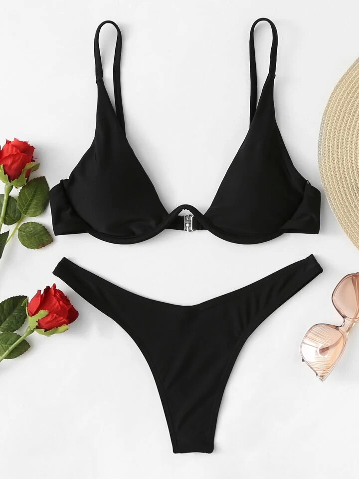 Plunging Underwired Top With High Cut Bikini | SHEIN