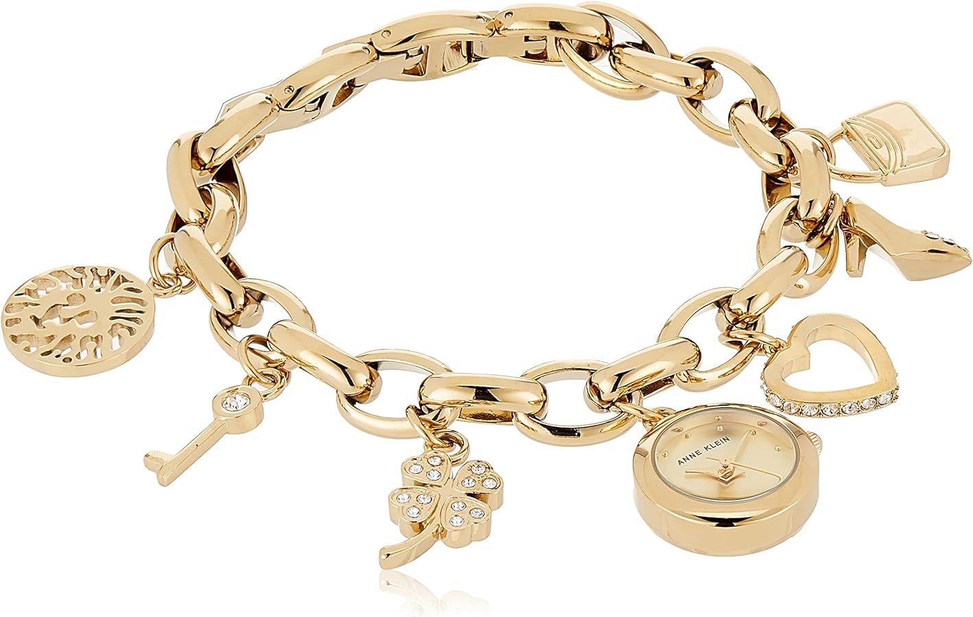 Anne Klein Women's Premium Crystal Accented Gold-Tone Charm Bracelet Watch, 10/7604CHRM | Amazon (US)