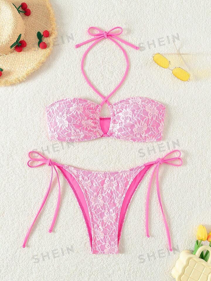 Women's Splicing Lace Cross Back Halterneck Separated Swimming Suit | SHEIN