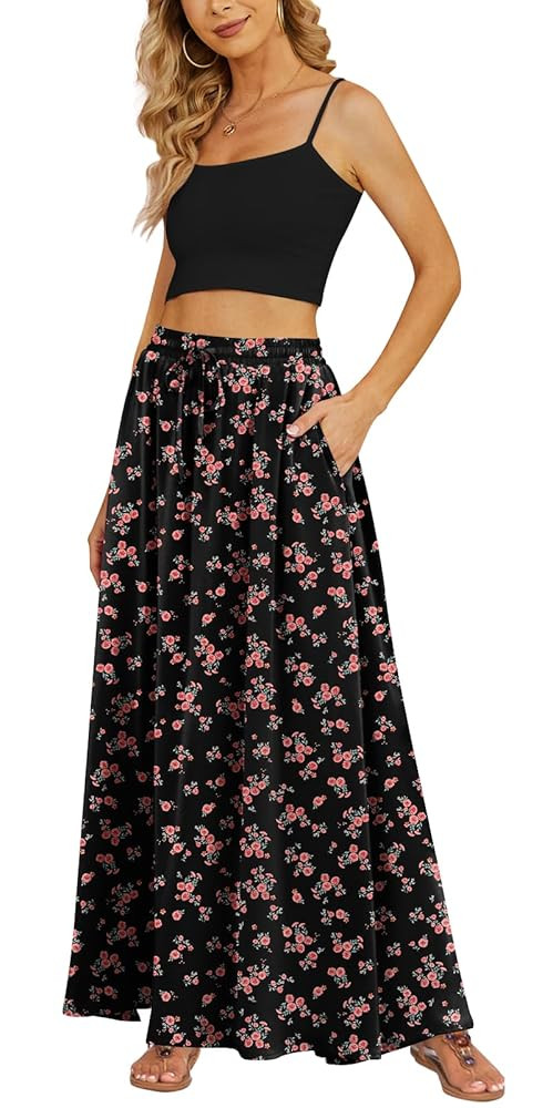 Yincro Women's Flowy Maxi Skirt Summer Pleated High Waisted Casual Long Skirts with Pockets | Amazon (US)
