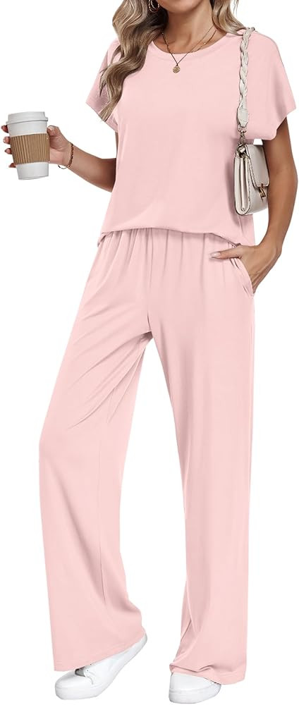 AUSELILY Women's Two Piece Sets Summer Crew Neck Batwing Short Sleeve Wide Leg Pants Matching Set... | Amazon (US)