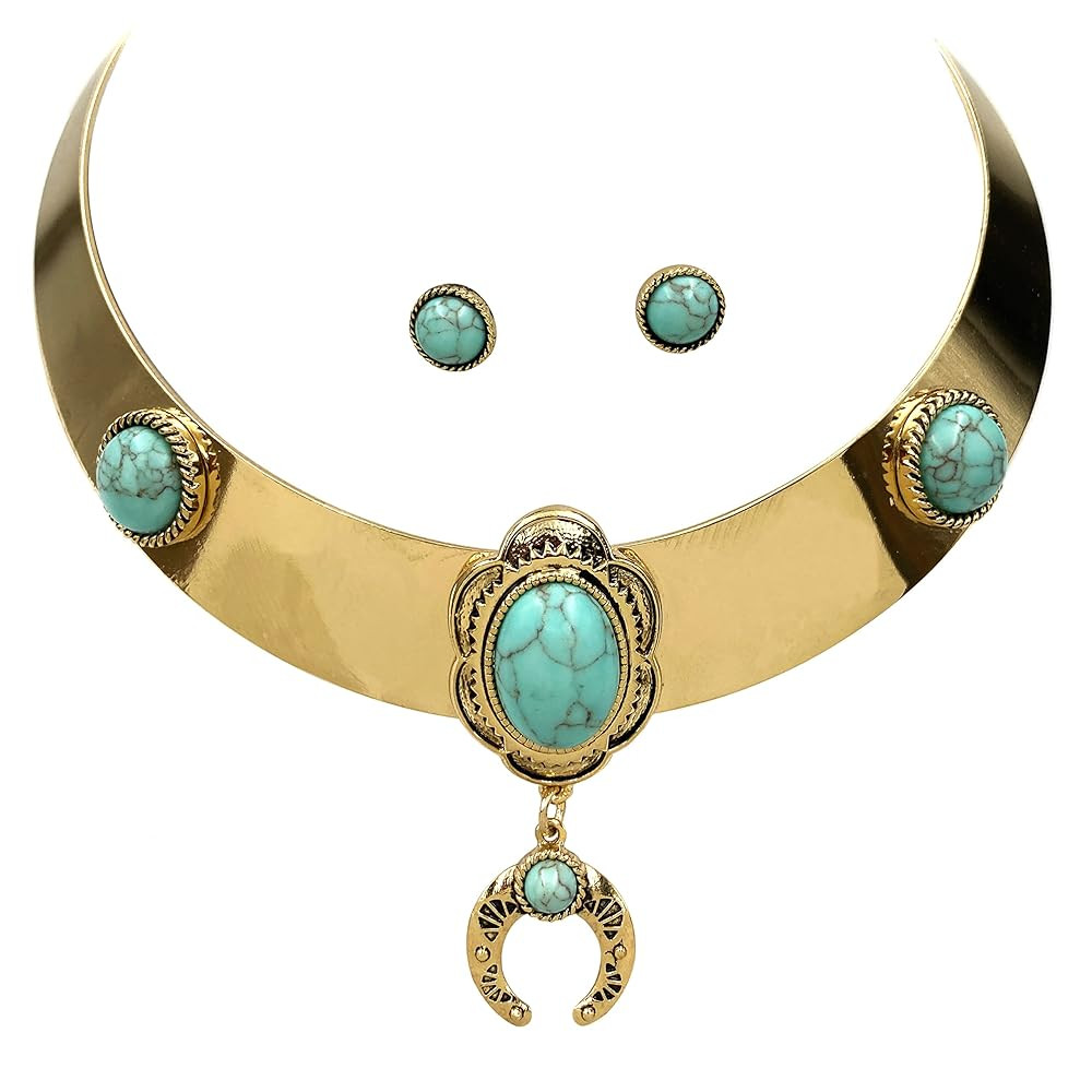 Zelris Western Bohemian Vintage Wide Metal Choker Necklace with Stud Earrings | Amazon (US)