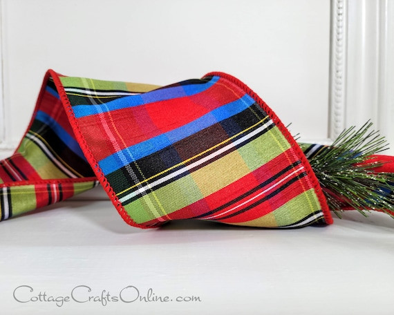 Christmas Wired Ribbon, 4",  Red, Blue, Green, Black Faux Dupioni Tartan Stripe - TEN YARD ROLL ~... | Etsy (US)