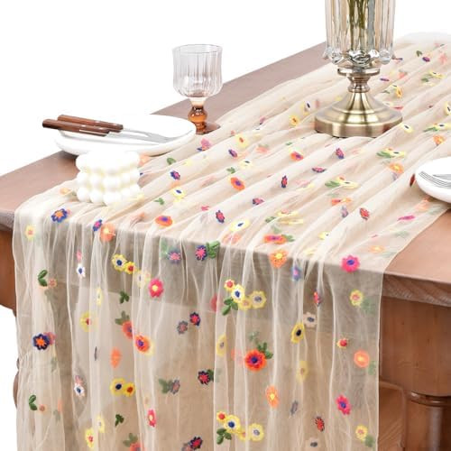 Joanlody Champagne Embroidery Daisy Spring Summer Table Runner 10ft Florals Seasonal Easter Tulle... | Amazon (US)