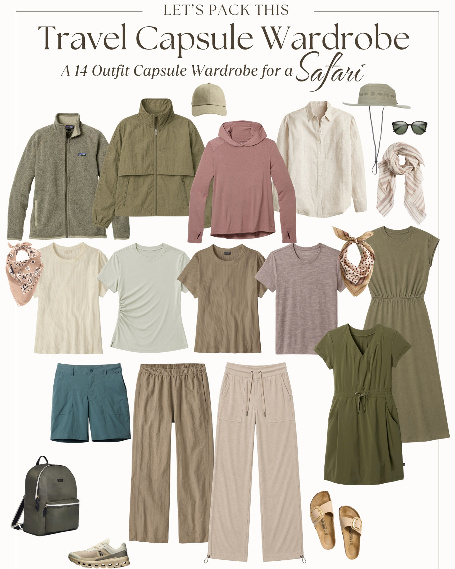 What to Pack for a Safari

Packing for safari isn’t about fashion, it’s about function. But that doesn’t mean you can’t do it well. With strict luggage limits, varying temperatures, and remote locations, packing smart is essential. 

‼️ Not going on a safari? No worries…these items would work great for any outdoor camping and hiking adventures on your summer trip list!

⚠️ Always check your safari company’s specific packing recommendations, but these tips are a great starting point:

➡️ Soft-sided luggage is a must—many bush planes have strict weight limits and limited space. 
➡️ Bring a small daypack for game drives to stash your camera, water, and layers. 
➡️ Fabrics: When it comes to clothes, choose breathable, quick-drying fabrics like cotton, linen, merino wool, or performance blends. 
➡️ Layers: Temperatures swing wildly—mornings and evenings can be cold, midday can be scorching—so pack light layers you can easily add or remove.
➡️ Colors matter: Stick to earth tones like olive, brown, khaki, and dusty green. These colors blend in with the environment and attract fewer insects. Avoid bright colors, white (shows dirt), and black (attracts heat and tsetse flies).
➡️ Two Shoes: A trail shoe or sneaker is perfect for walking or bumpy rides, and a slip-on sandal is great for camp. (If your safari requires heavy walking, a hiking shoe might be a better option.)

Accessories:
➡️ A wide-brim hat and polarized sunglasses are non-negotiables for sun protection
➡️ A lightweight scarf (or two) shields you from dust on game drives, adds warmth in the mornings, and can double as a wrap in the lodge or a picnic blanket.

➡️ Pack a couple of breezy dresses or loose sets for downtime in camp. 

⭐️ Keep it minimal! Many camps offer laundry service, and overpacking will just weigh you down.

#LTKOver40 #LTKTravel