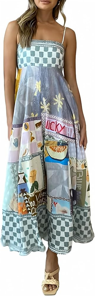 NUFIWI Women Boho Graffiti Cami Long Dress Graphic Spaghetti Strap Flowy Maxi Dress Square Neck C... | Amazon (US)