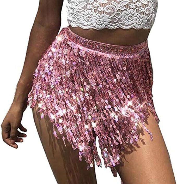 Victray Belly Dance Hip Skirt Tassel Scarf Sequin Wrap Rave Costume for Women | Amazon (US)