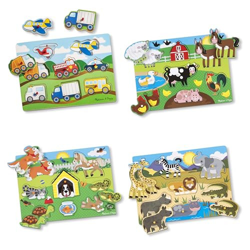 Melissa & Doug Wooden Peg Puzzle 4-Pack for Toddler and Preschool Boys and Girls – Vehicles, Farm, Safari, Pets | Amazon (US)