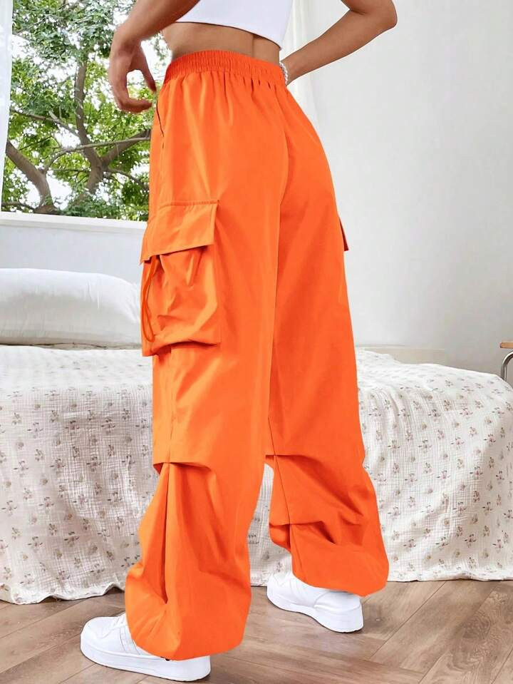 SHEIN EZwear Dopamine Orange Solid Color Drawstring Cargo Pants | SHEIN