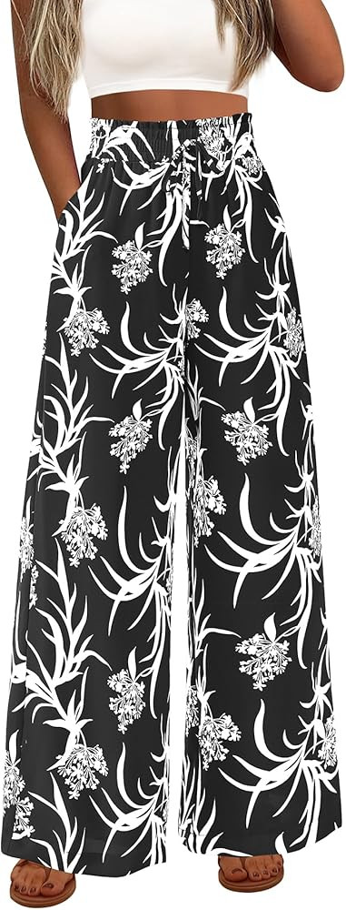 CFLONGE Wide Leg Pants for Women 2025 Casual High Waist Floral Palazzo Pant Flowy Trendy Beach Bo... | Amazon (US)