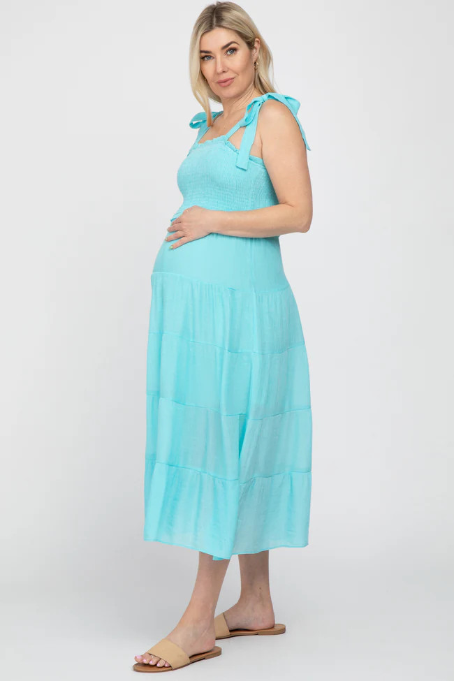 Aqua Smocked Tie Strap Tiered Maternity Midi Dress | PinkBlush Maternity