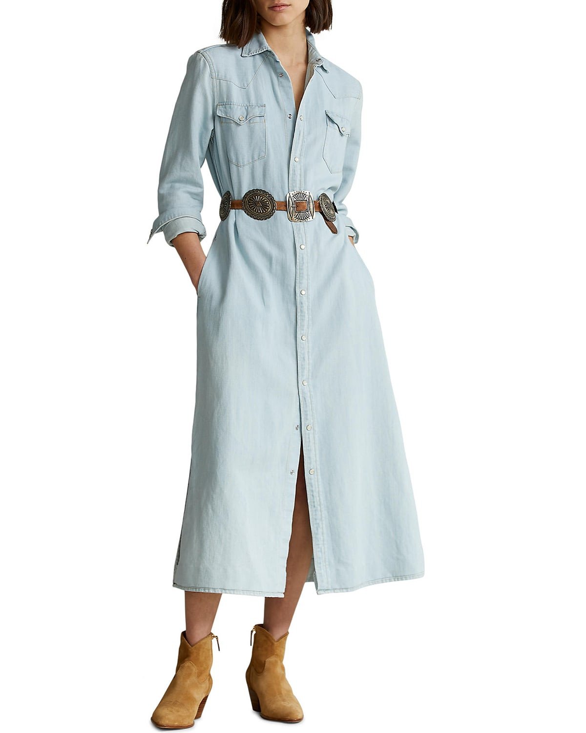 Long-Sleeve Belted Denim Midi Dress | Neiman Marcus
