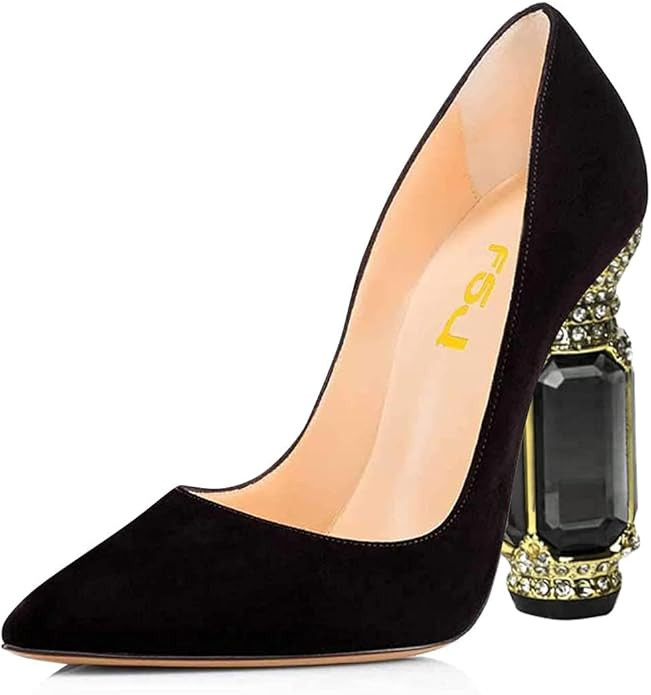 FSJ Women Bridal Pointed Toe Chunky High Heel Crystal Pumps Slip on Wedding Thick Comfort Unique ... | Amazon (US)