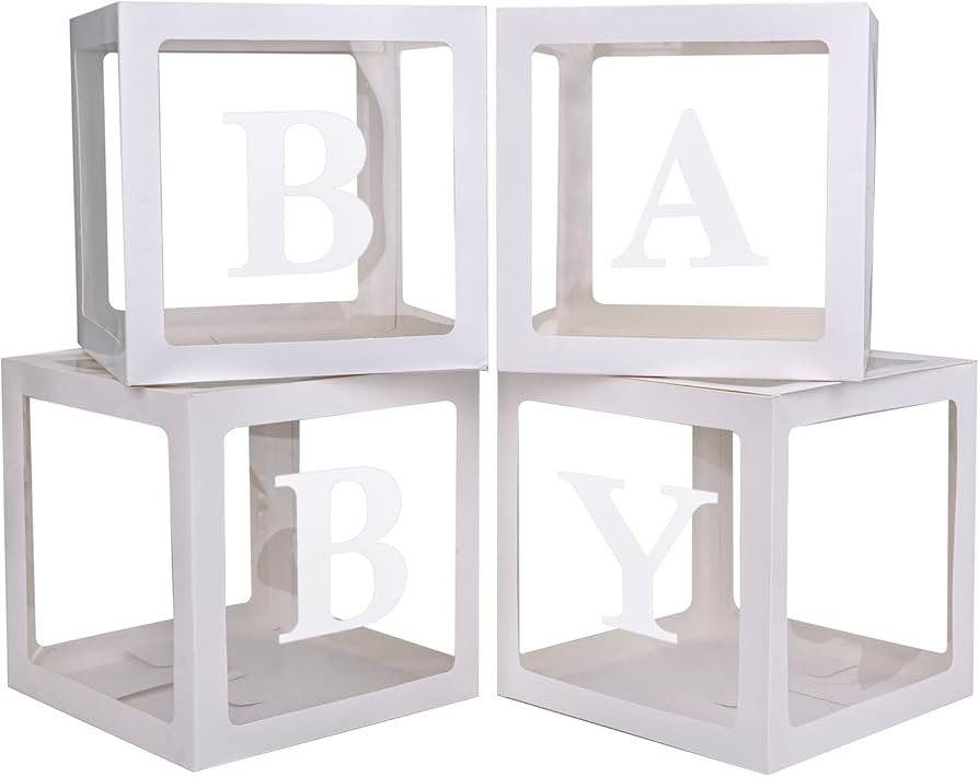 Baby Boxes with 4 PCS Letters for Baby Shower White Clear Balloon Box Blocks Gender Reveal Decorations and Birthday Party (White) | Amazon (US)