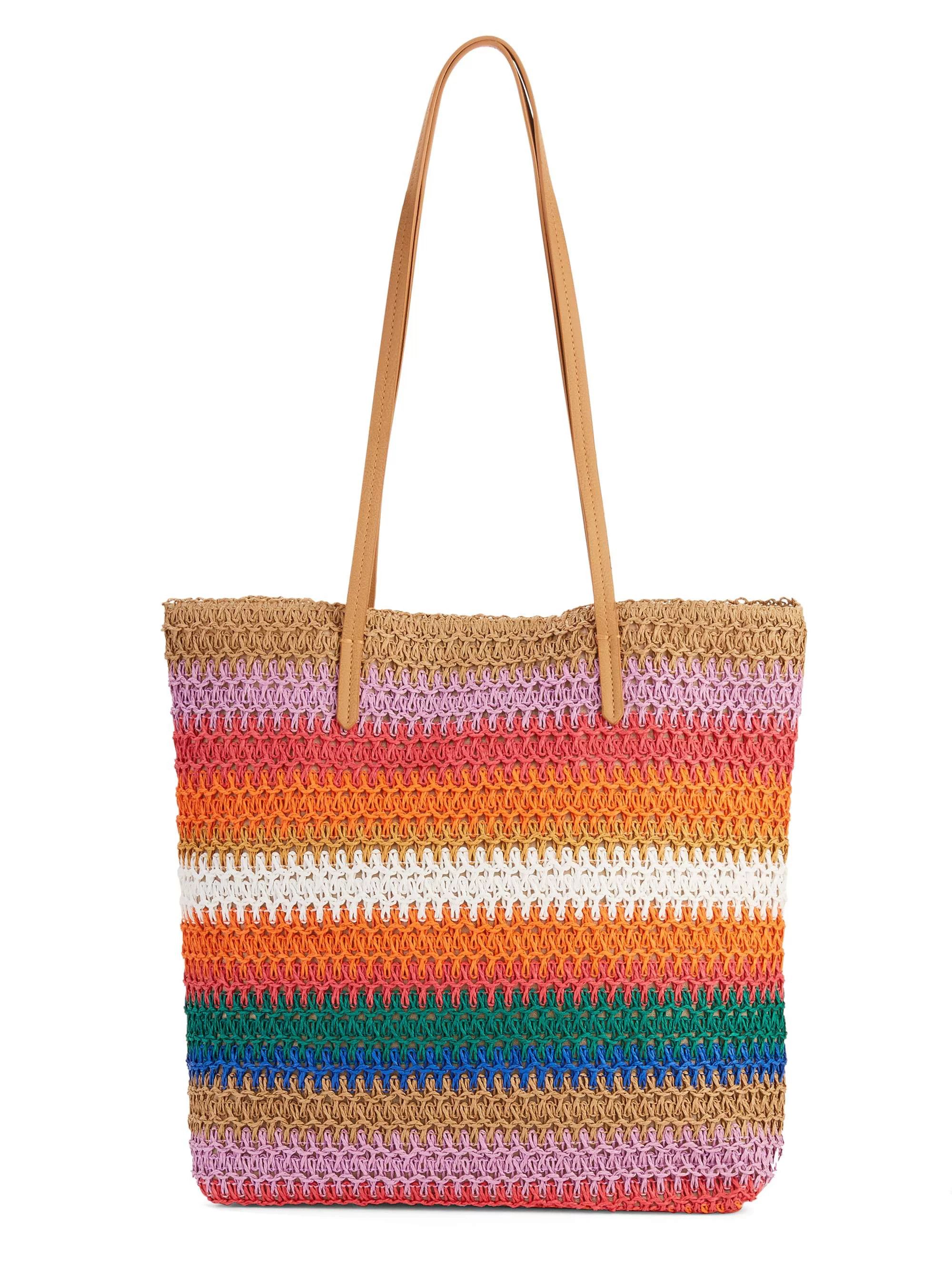 Time & Tru Multi Bold Stripe Packable Straw Tote, Walmart Beach Bag, Summer Beach Bag, Summer Travel | Walmart (US)